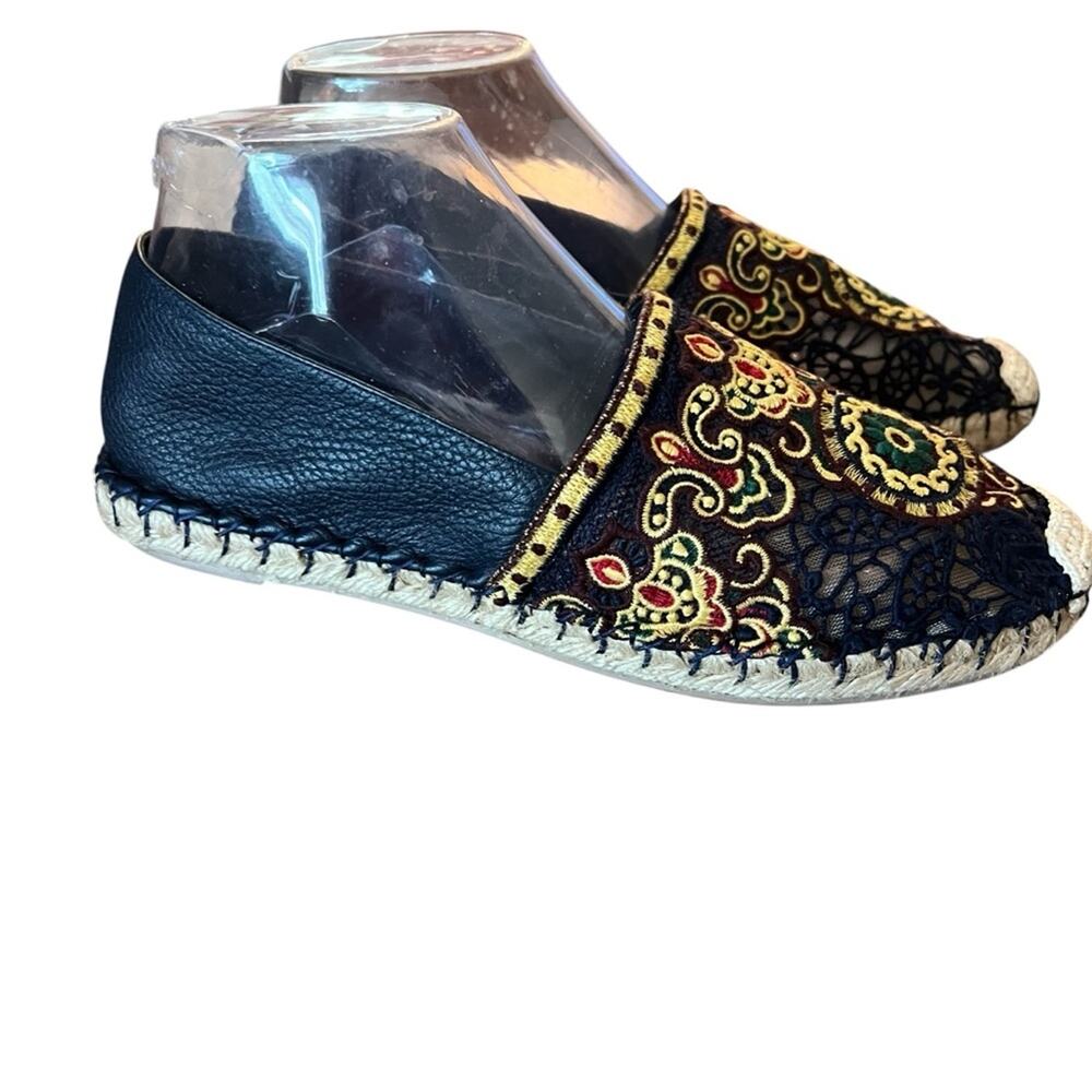 Valentino Garavani Navy Blue Leather and Floral Lace Espadrille Flats EU 38 US 8 - Picture 6 of 13